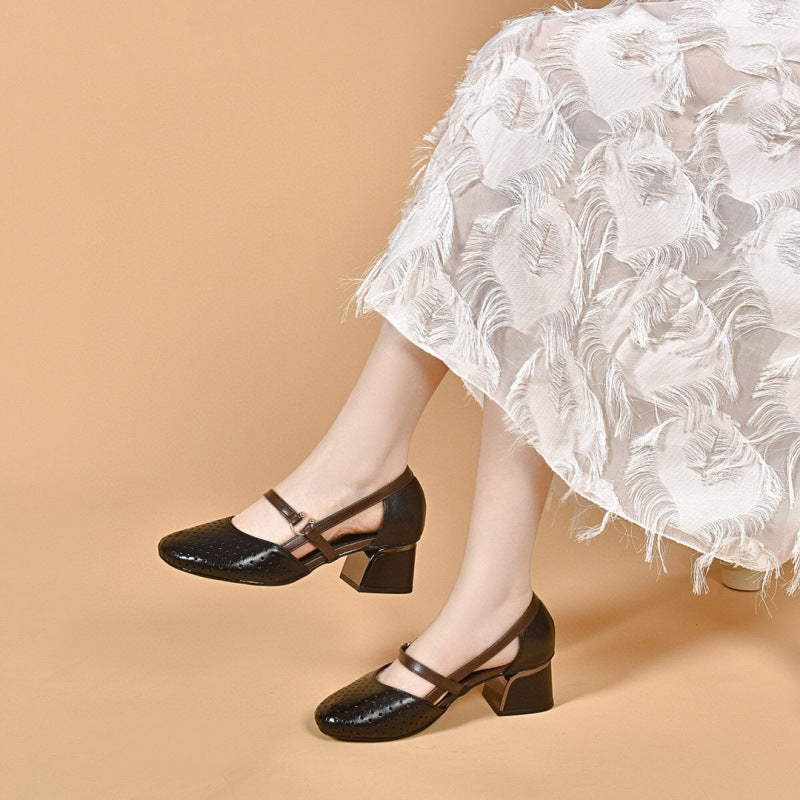 Damen Elegante Mary Jane Pumps mit modischem Blockabsatz und perforierten Details Drune