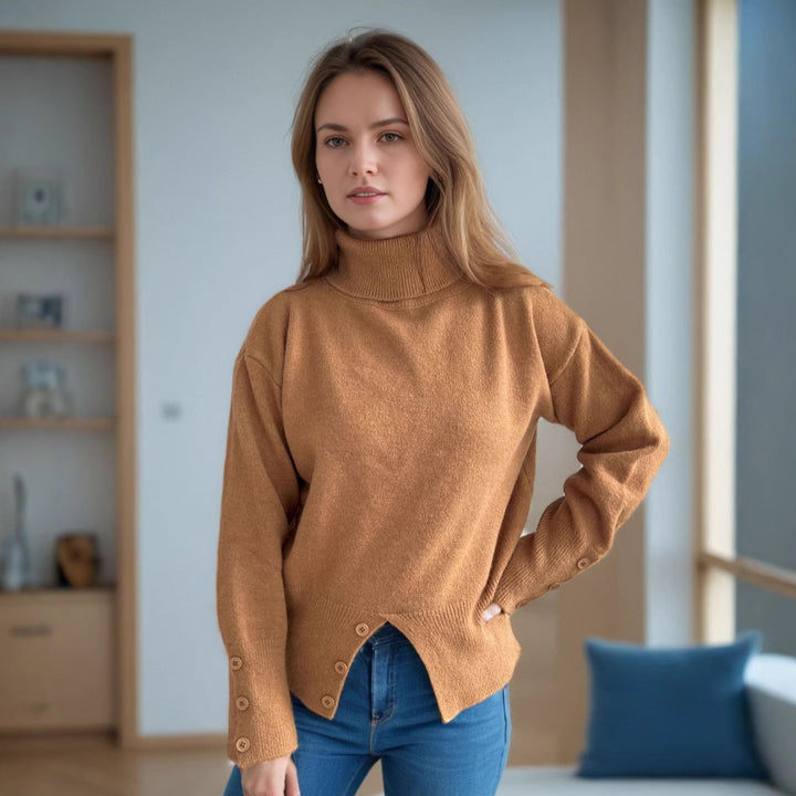 Damen modischer Rollkragenpullover mit Knopfdetails und asymmetrischem Saum Drune