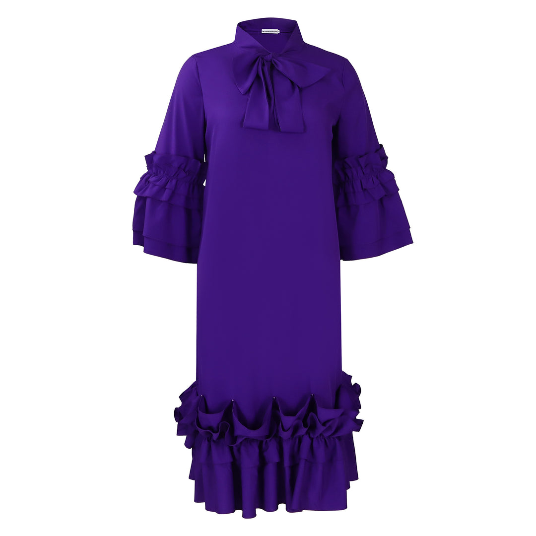 Damen Midi-Kleid mit voluminösen Rüschenärmeln und eleganter Schleife Drune
