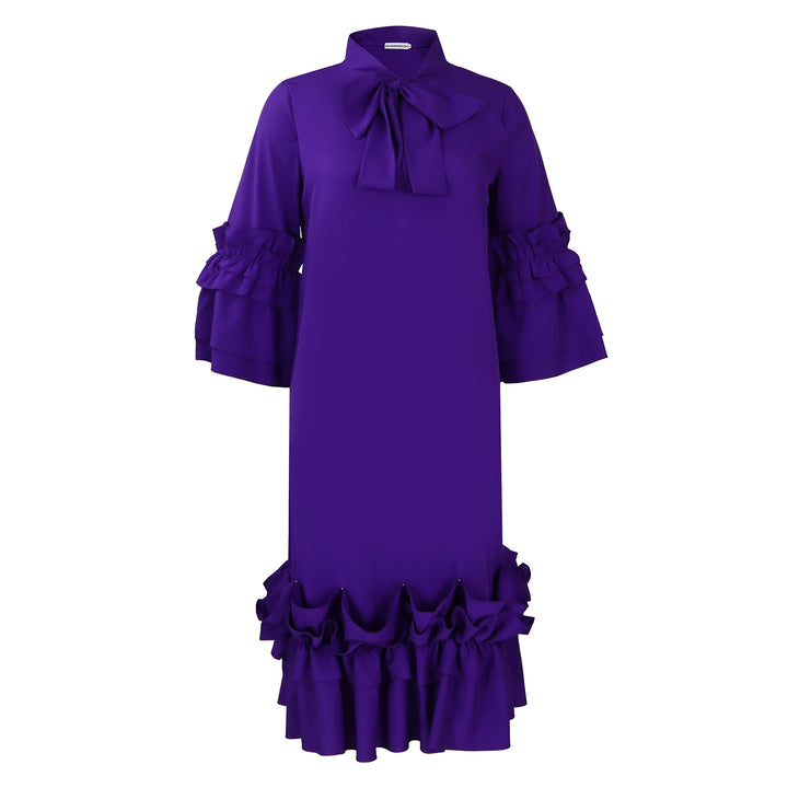 Damen Midi-Kleid mit voluminösen Rüschenärmeln und eleganter Schleife Drune