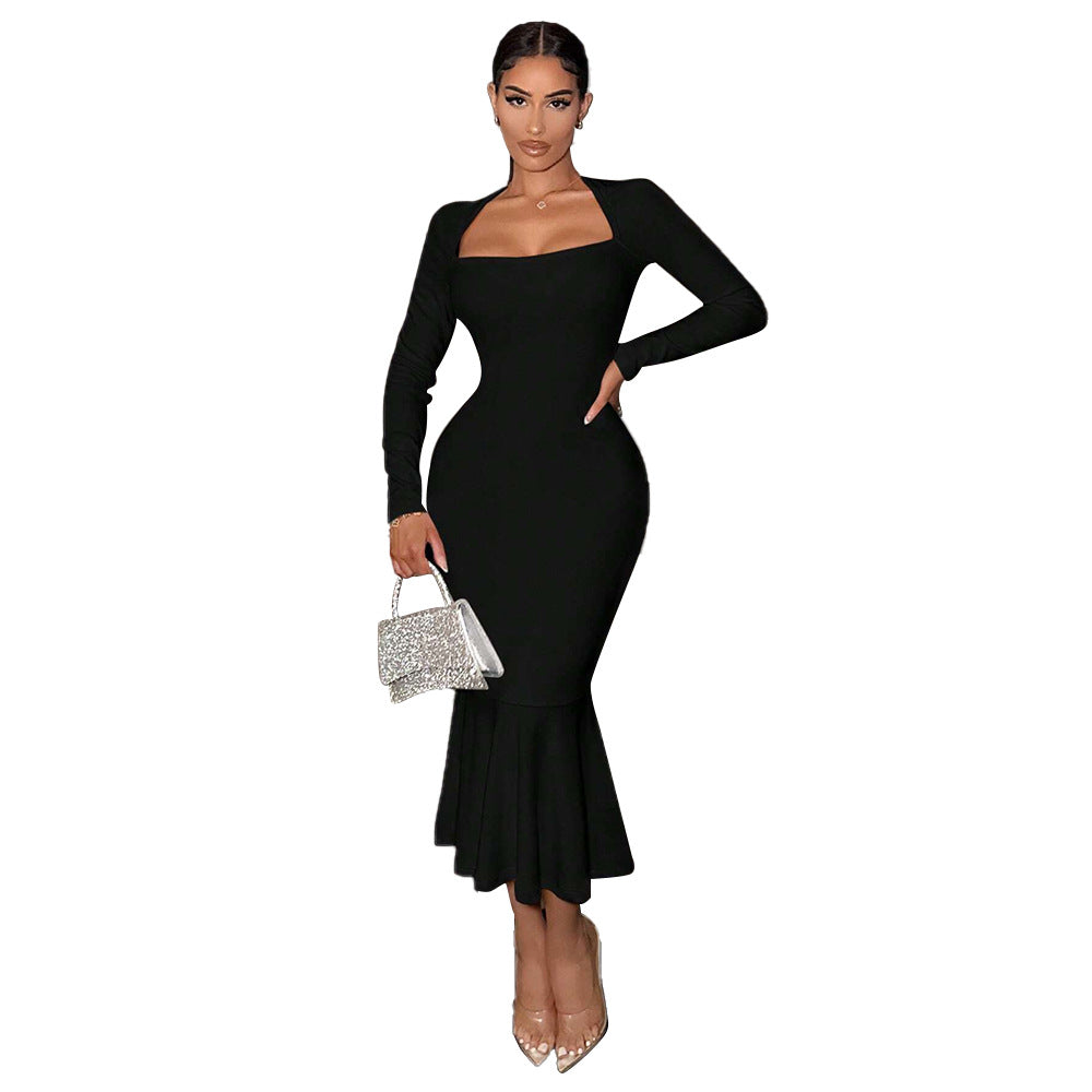 Damen langes Kleid mit schickem Quadrat-Ausschnitt und ausgestelltem Saum Drune