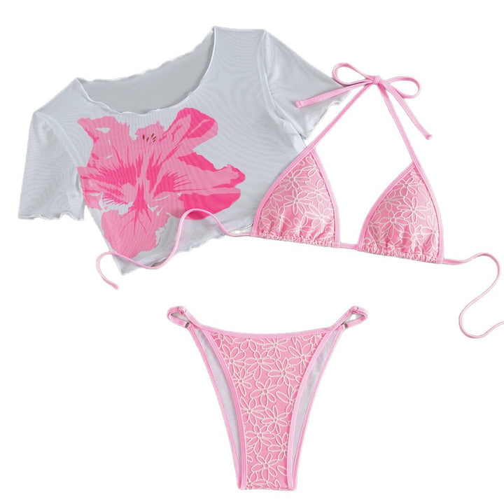 Damen Crop-Top Bikiniset mit floralem Design und transparentem Überwurf Drune