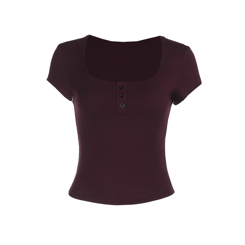 Damen figurbetontes Kurzarmshirt mit tiefem Rundhalsausschnitt und modischer Knopfleiste Drune