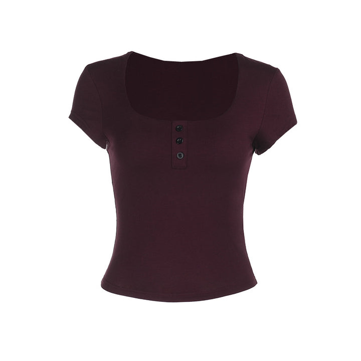 Damen figurbetontes Kurzarmshirt mit tiefem Rundhalsausschnitt und modischer Knopfleiste Drune