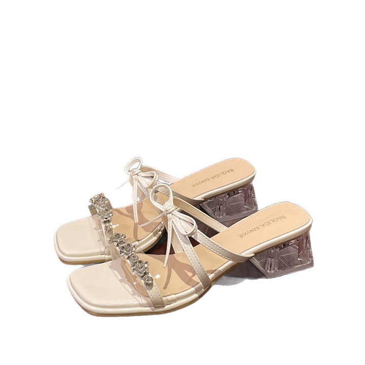Damen glamouröse Sandalen mit funkelnden Strassdetails und transparentem Blockabsatz Drune
