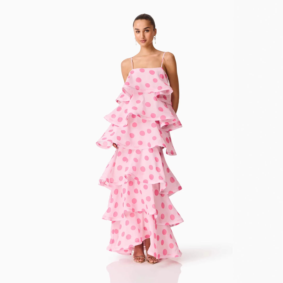 Damen Maxikleid mit verspielten Rüschen und Punkten Drune