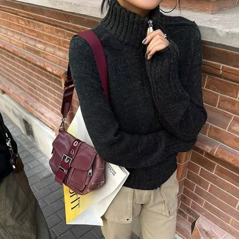 Damen Strickpullover mit hohem Stehkragen und Rippstruktur Drune