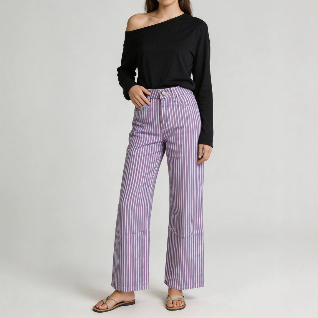 Damen nan weite High-Waist Palazzohose mit vertikalen Streifenoptik und abgesteppten Kniepartien Drune