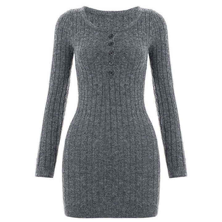 Damen nan figurbetontes Ripp-Strickkleid mit Henley-Knopfleiste und langem Arm Drune