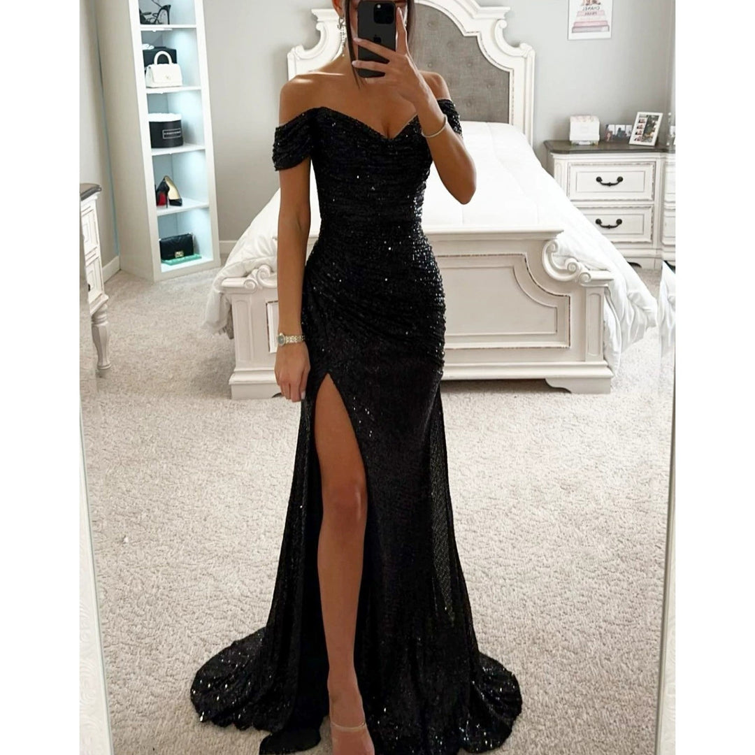 Damen Glitzerndes Off-Shoulder Abendkleid mit seitlichem Schlitz Drune