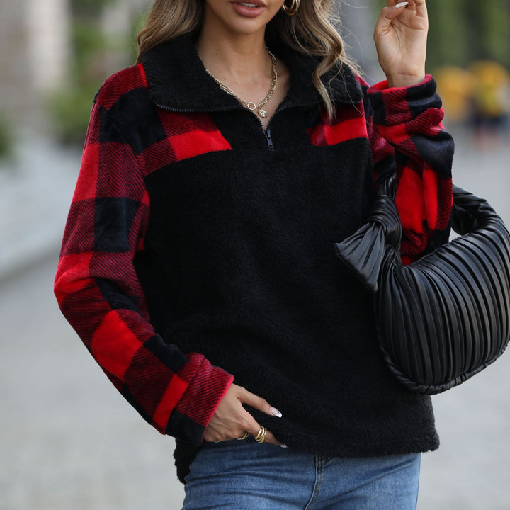 Damen Plüschiger Halbreißverschluss-Pullover im Karodesign Drune