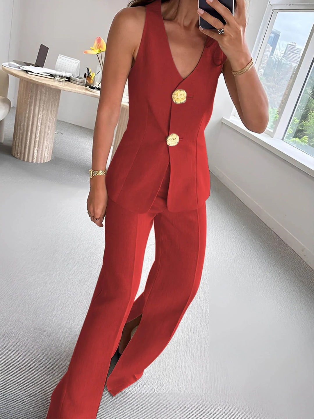 Damen elegantes Jumpsuit mit vordere Knopfleiste und weitem Bein Drune