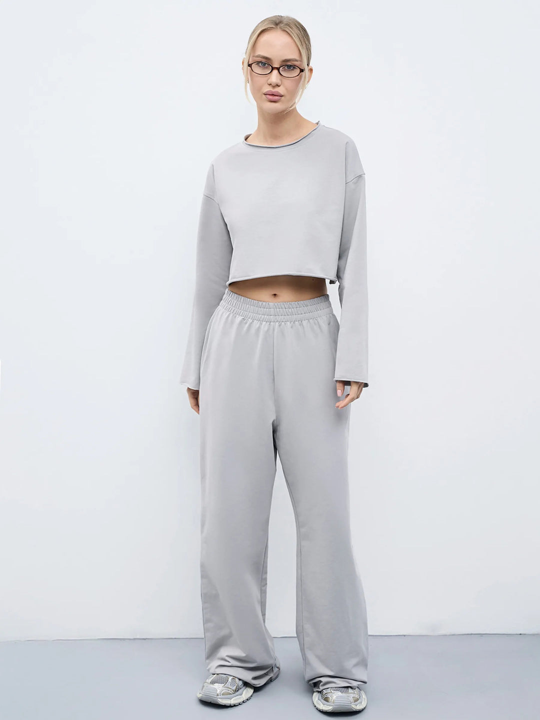 Damen Komfortables Cropped Sweatshirt und Weite Jogginghose Set Drune