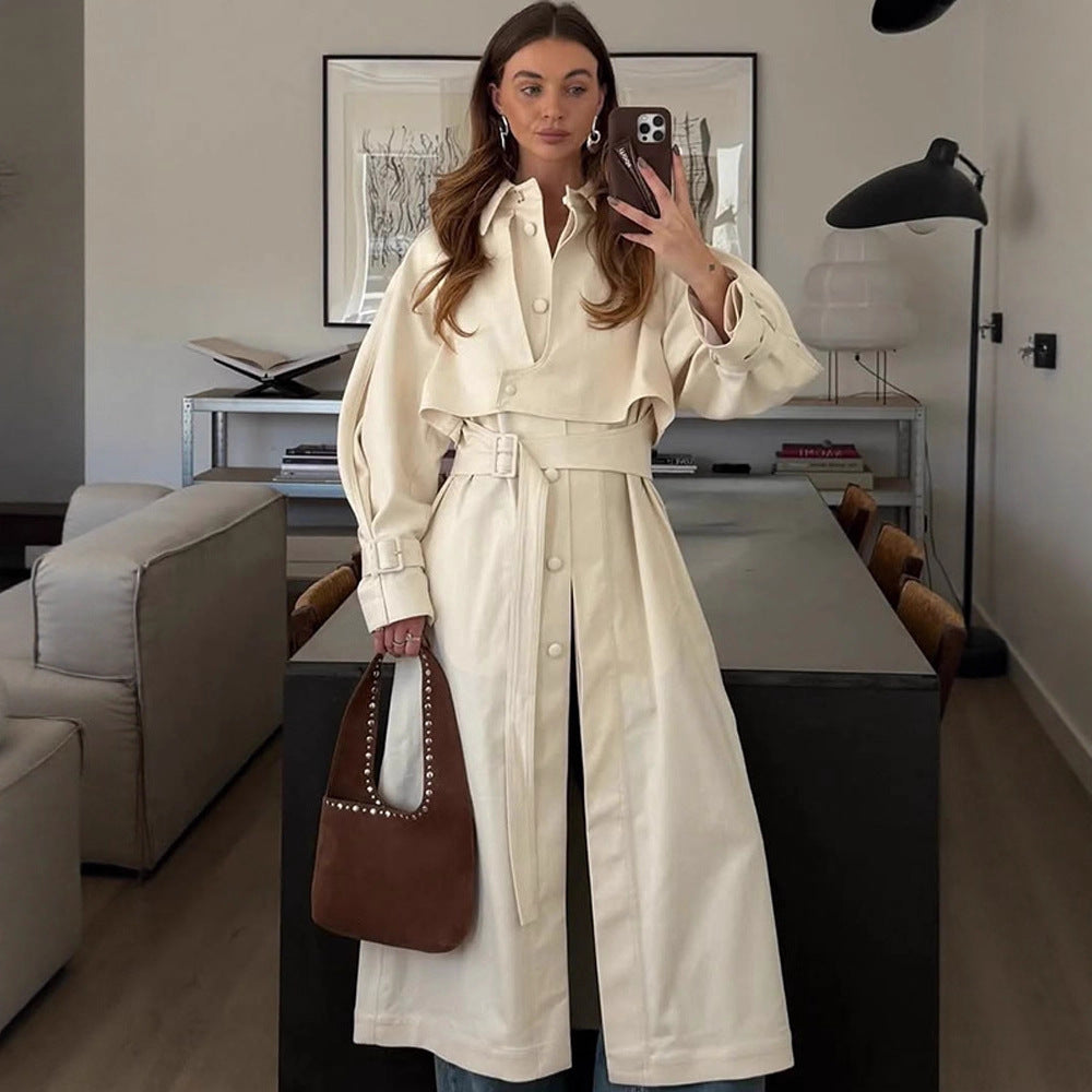 Damen Langer Trenchcoat mit breitem Kragen und taillierbarem Gürtel Drune