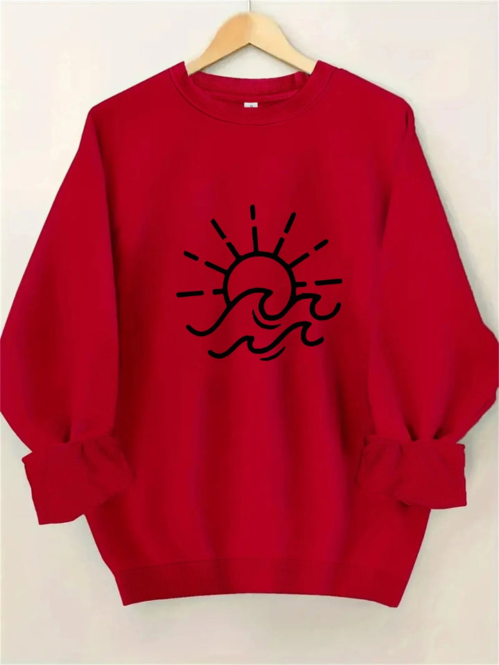 Damen Sweatshirt mit kreativem Sonnen- und Wellenmotiv Drune