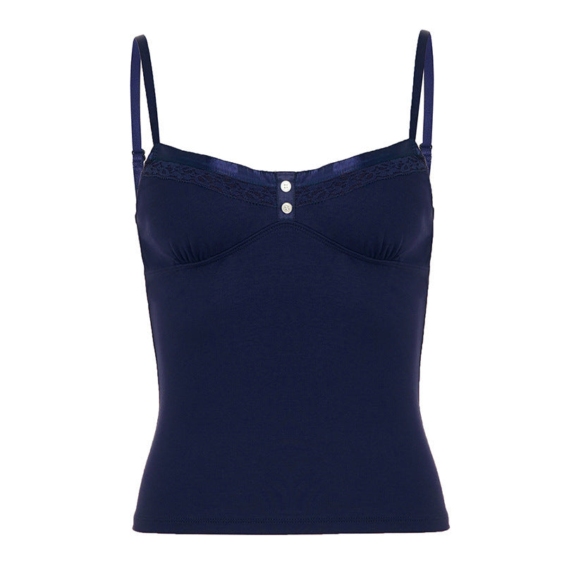Damen Spaghetti-Trägertop mit eleganter Spitzenlage und Knopfleiste Drune