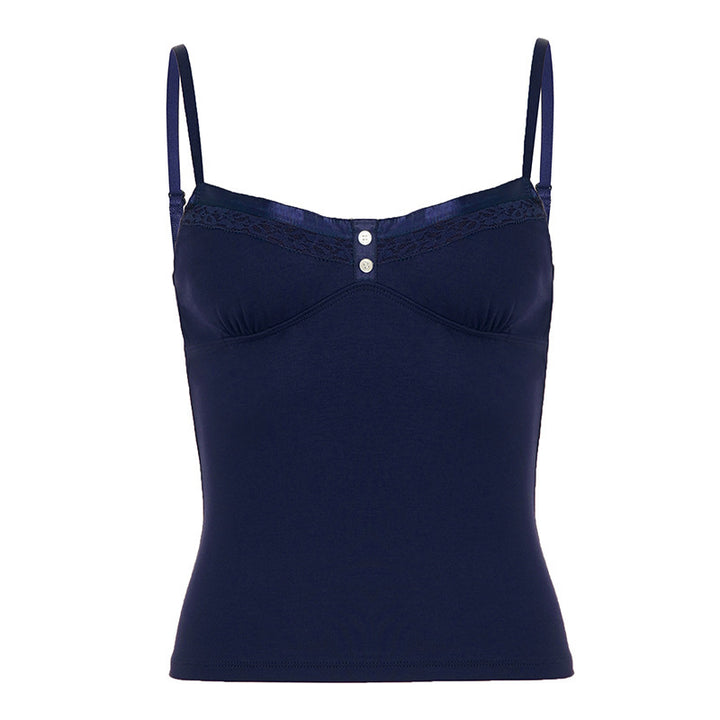 Damen Spaghetti-Trägertop mit eleganter Spitzenlage und Knopfleiste Drune