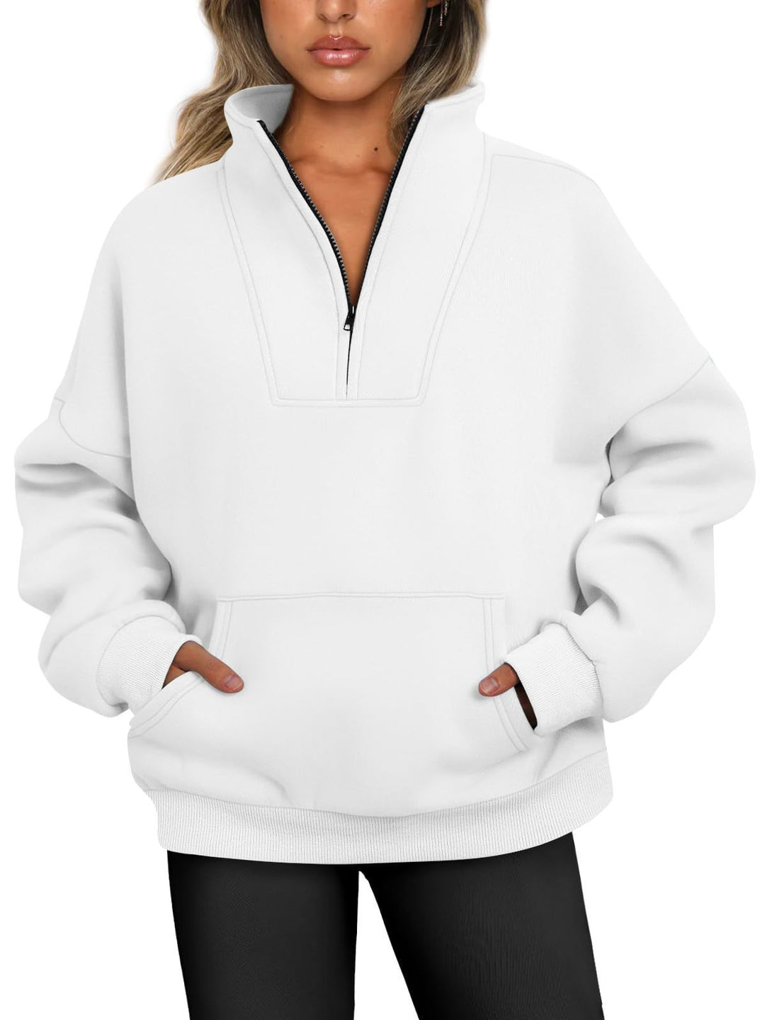 Damen lässiger Pullover mit hohem Kragen und praktischer Kängurutasche Drune