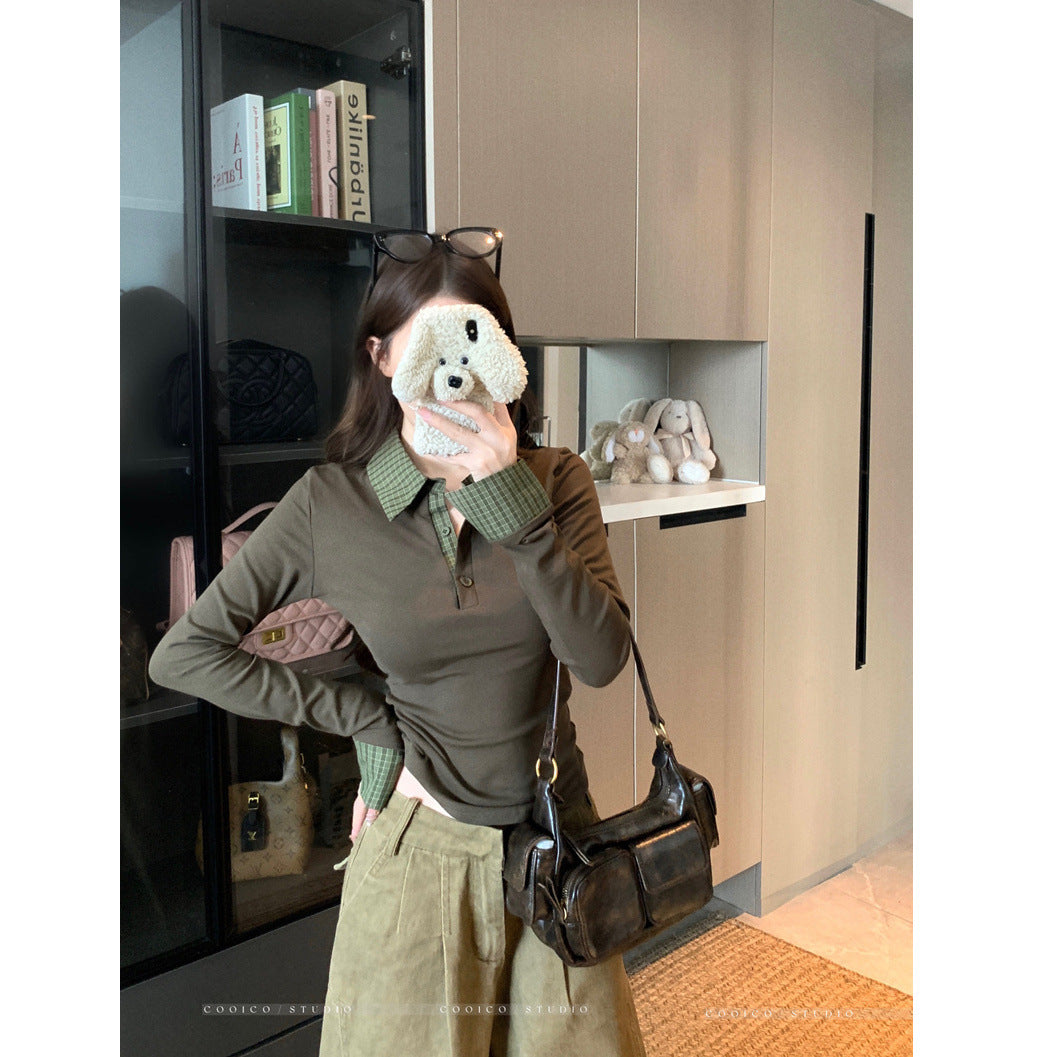 Damen Langarm-Polohemd mit stylischem Kragen und Knopfdetails Drune