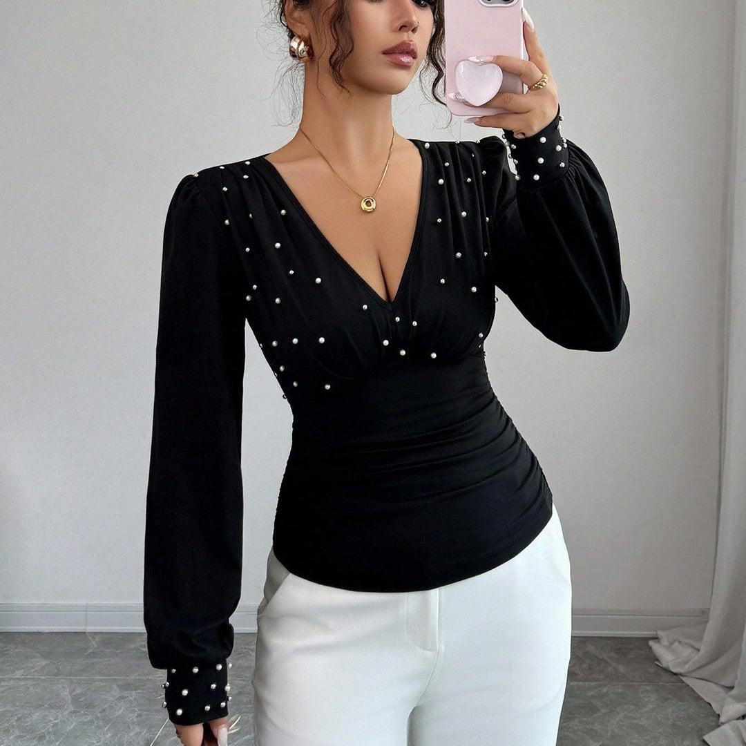 Damen elegantes Blusenshirt mit V-Ausschnitt und Verzierung Drune