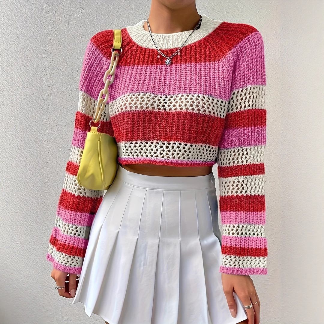 Damen Strickpullover mit verspieltem Lochmuster und bunten Streifen Drune