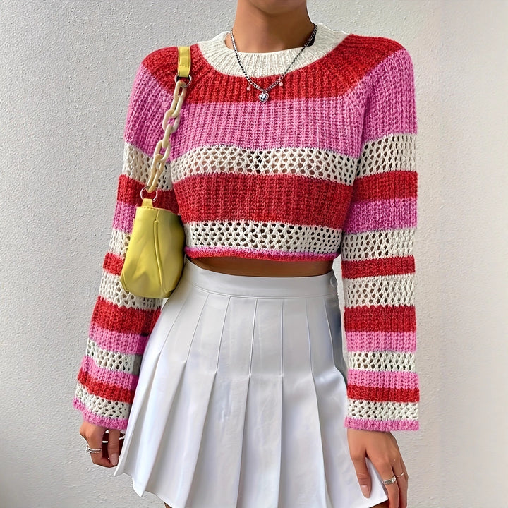 Damen Strickpullover mit verspieltem Lochmuster und bunten Streifen Drune