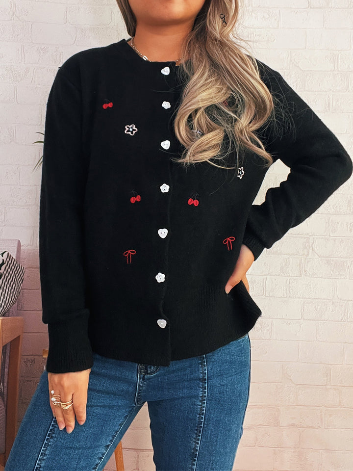 Damen Strickjacke mit liebevollem Blumen- und Kirschdesign Drune