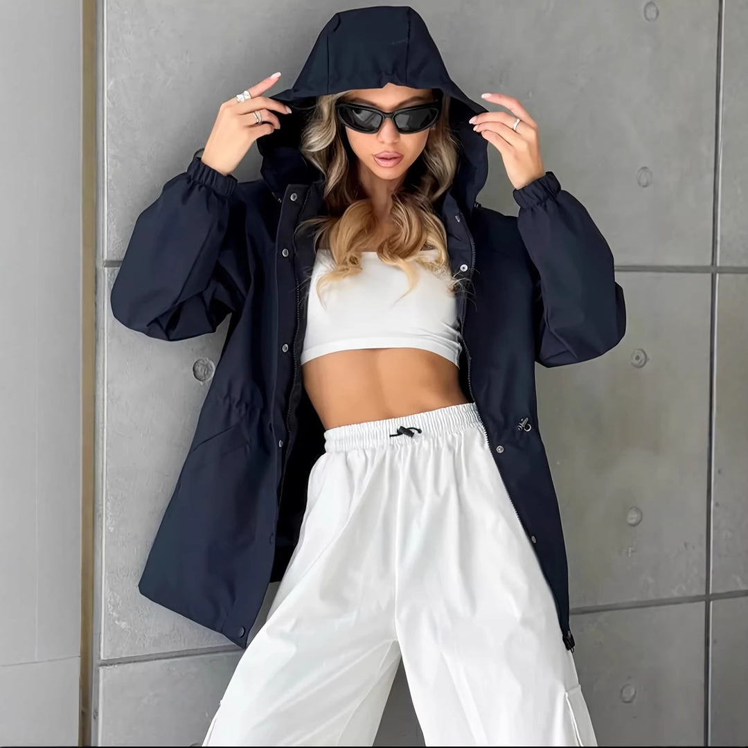 Damen nan wasserfeste Regenjacke mit Kapuze und Taillenzug Drune