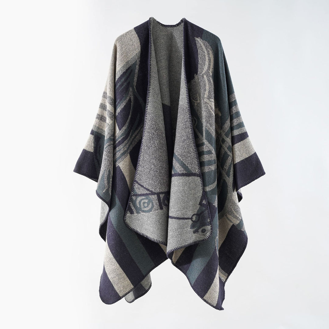 Damen eleganter Strickponcho mit kunstvollem Muster und feinen Fransen Drune