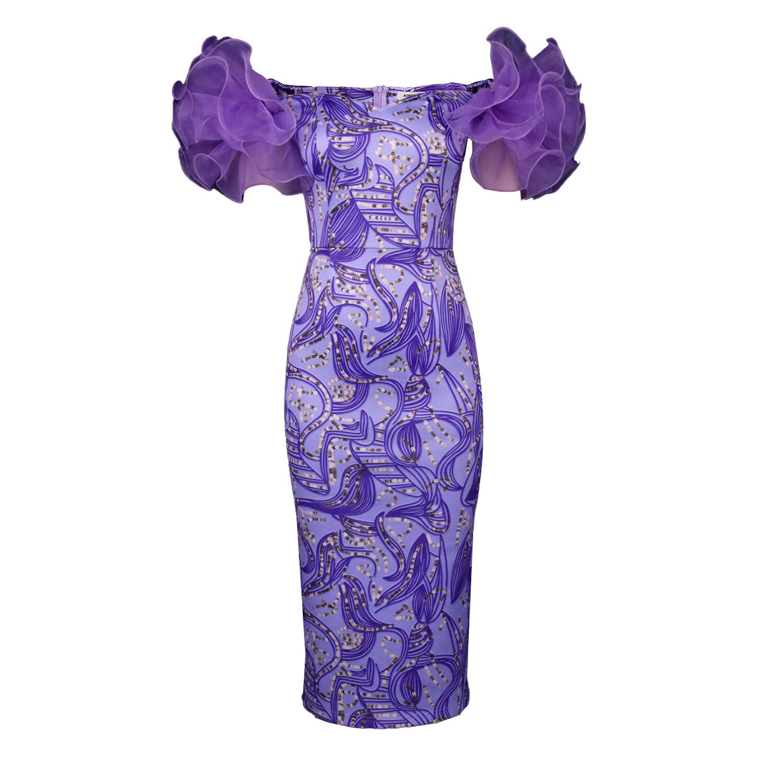 Damen Elegantes Midi-Kleid mit innovativen Puffärmeln und kunstvollem Druck Drune