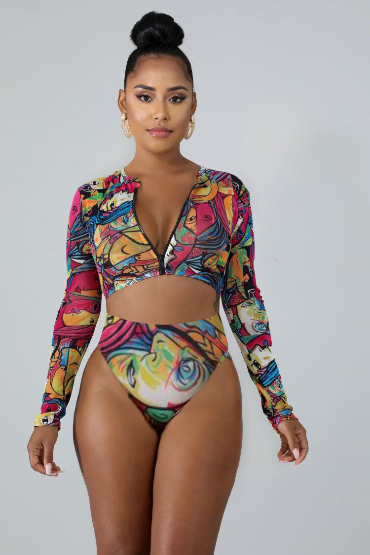 Damen Surf-Bikini-Set mit langärmeligem Oberteil und modischem Reißverschluss Drune