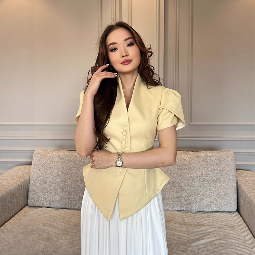 Damen elegante Designerbluse mit Puffärmeln und Knopfdetails Drune