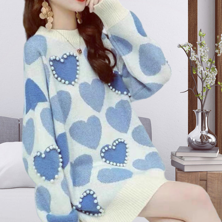 Damen Gemusterter Strickpullover mit Herz-Applikationen und Rippkragen Drune