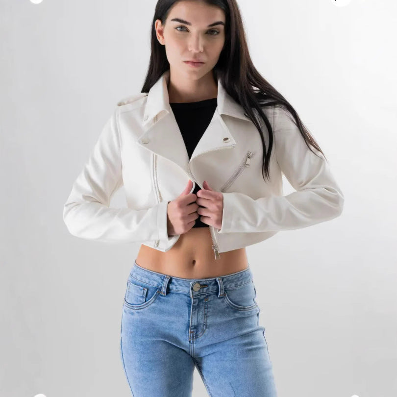 Damen modische cropped Bikerjacke aus Kunstleder Drune