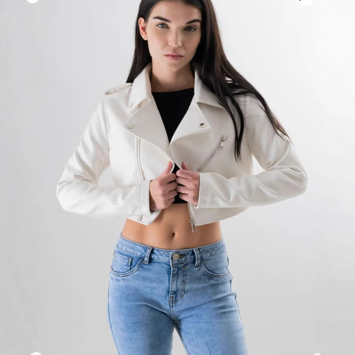 Damen modische cropped Bikerjacke aus Kunstleder Drune
