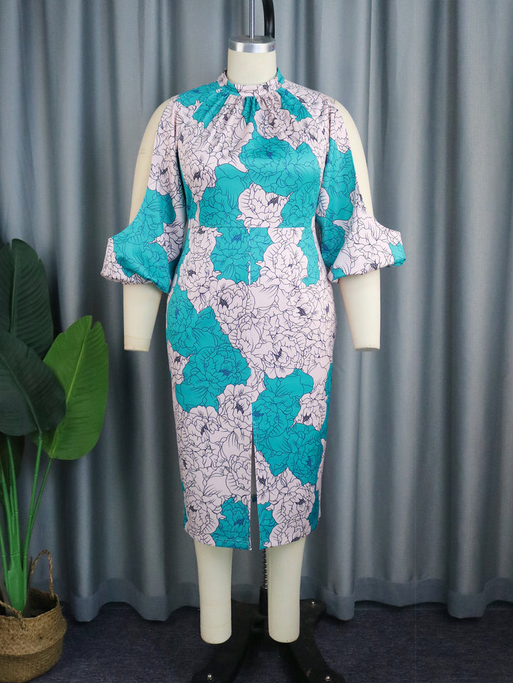 Damen elegantes Wickelkleid mit floralem Muster und modischen Cut-Out-Ärmeln Drune