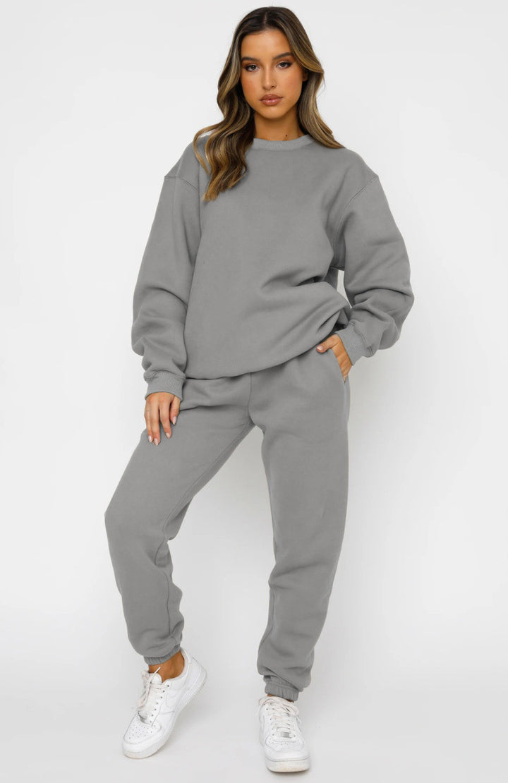Damen nan zweiteiliges Cozy-Loungewear-Set mit Oversize-Rundhals und hochgeschnittener Jogginghose mit Kordelzug Drune