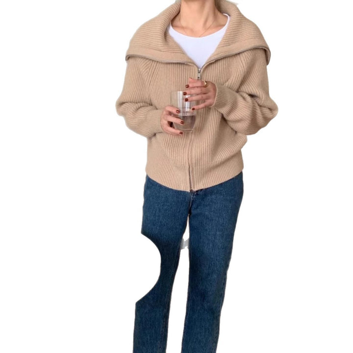 Damen gemütlicher Strickjacke mit offener Front und modischem Kragen Drune