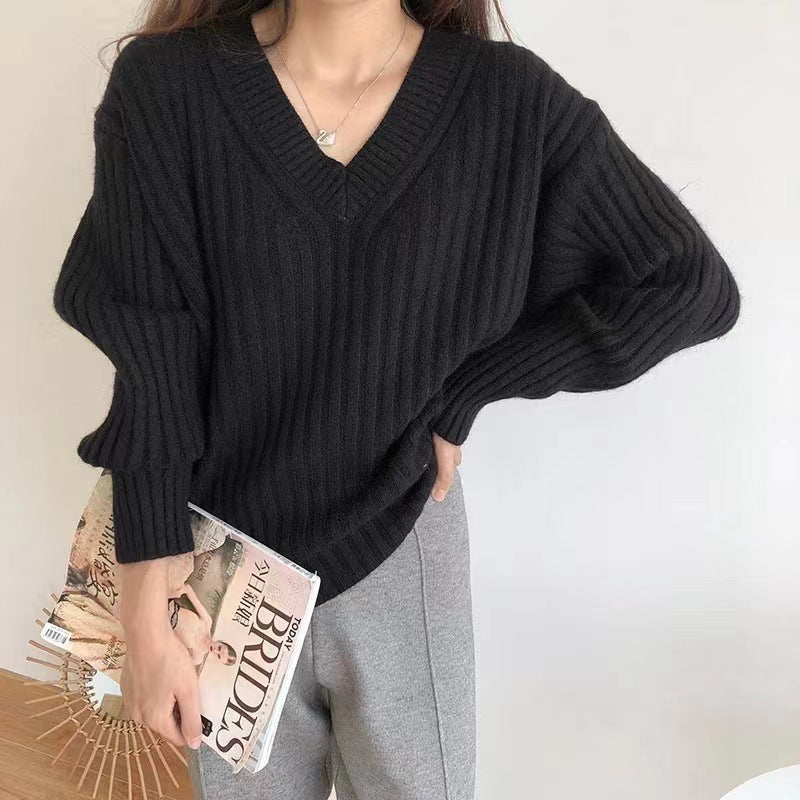 Damen V-Ausschnitt Pullover mit Rippstruktur Drune