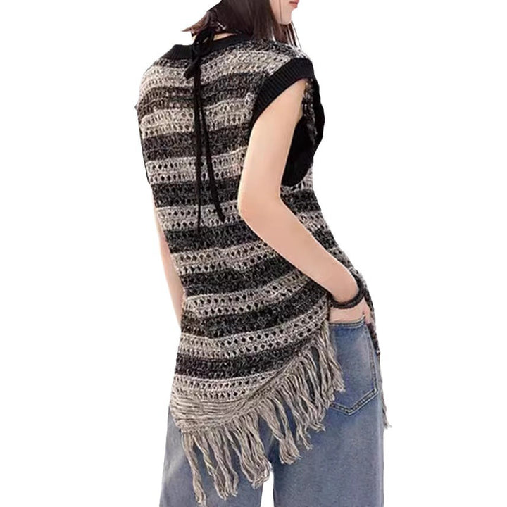 Damen lässiges Stricktop mit Fransen und Lochmuster Drune