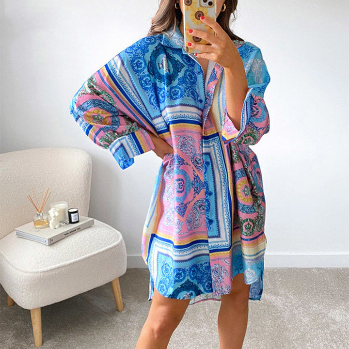 Damen stylisches Oversized-Hemdkleid mit buntem Muster und weit geschnittenen Ärmeln Drune