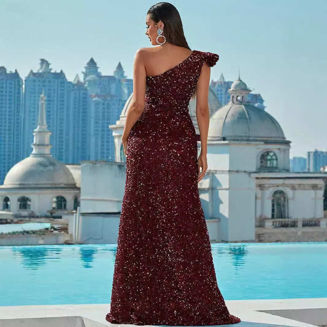 Damen Glamouröses Abendkleid mit asymmetrischem Design und Paillettenbesatz Drune