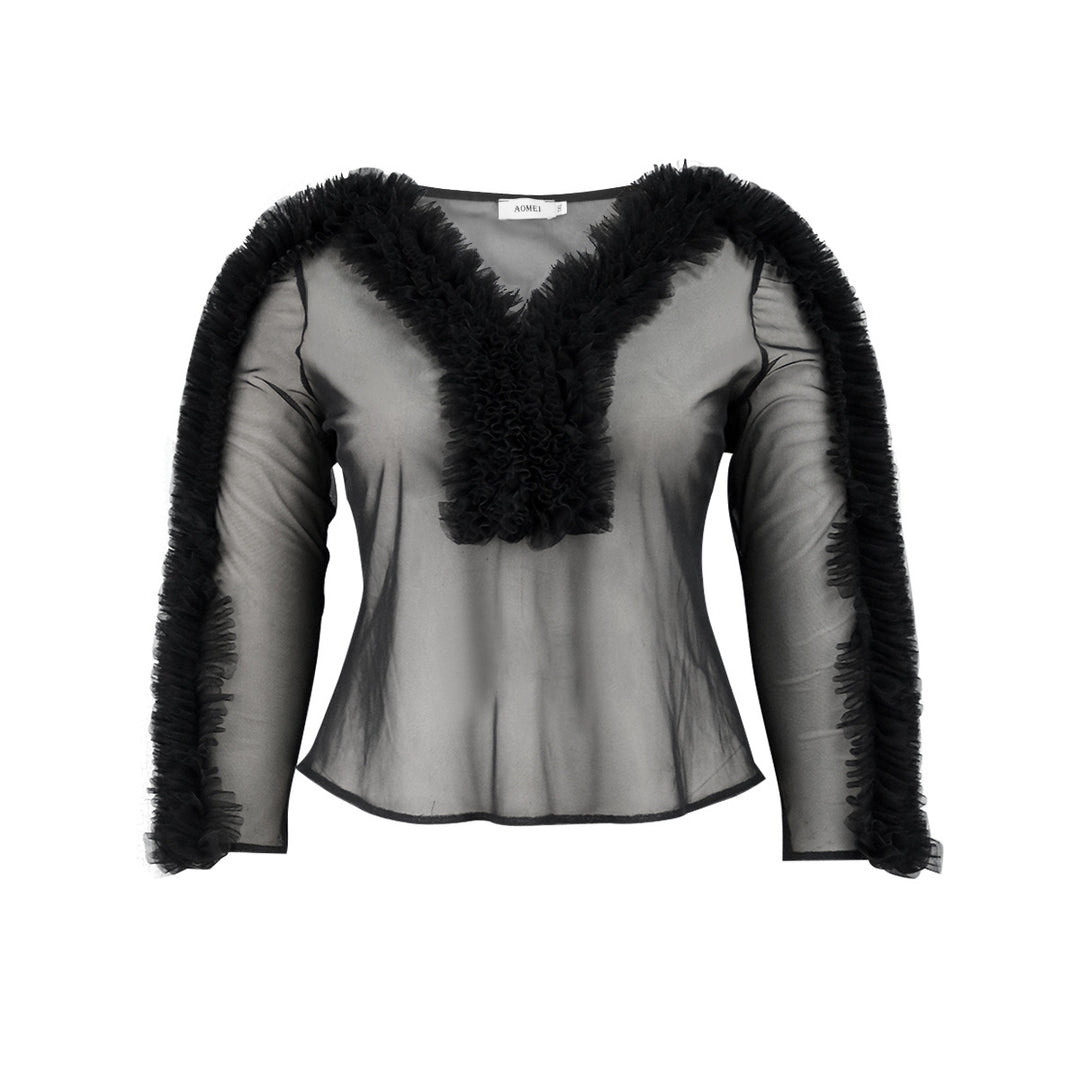 Damen Elegante transparente Bluse mit rüschenverzierten Ärmeln Drune