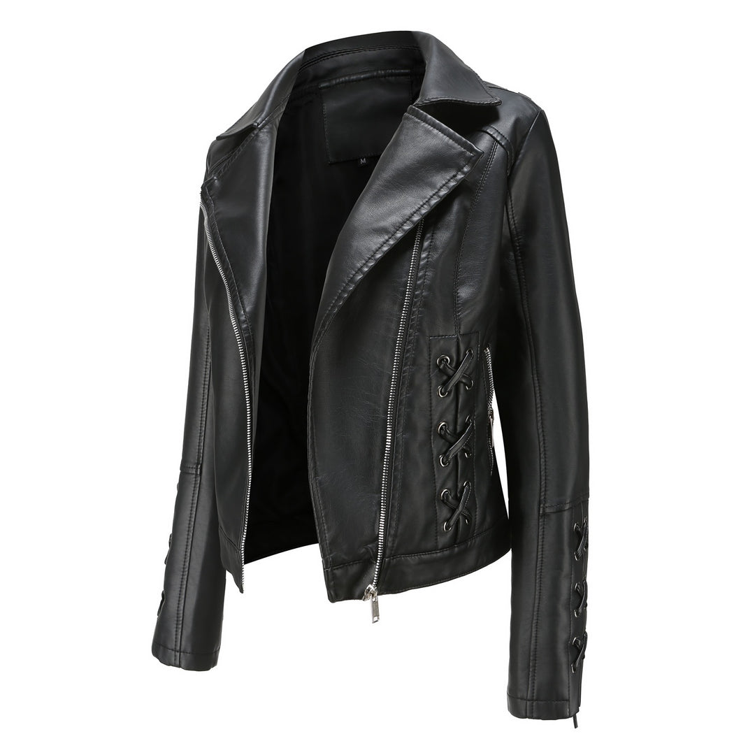 Damen modische Kunstlederjacke mit raffinierten Schnürdetails Drune