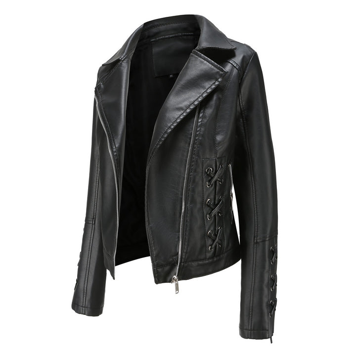 Damen modische Kunstlederjacke mit raffinierten Schnürdetails Drune