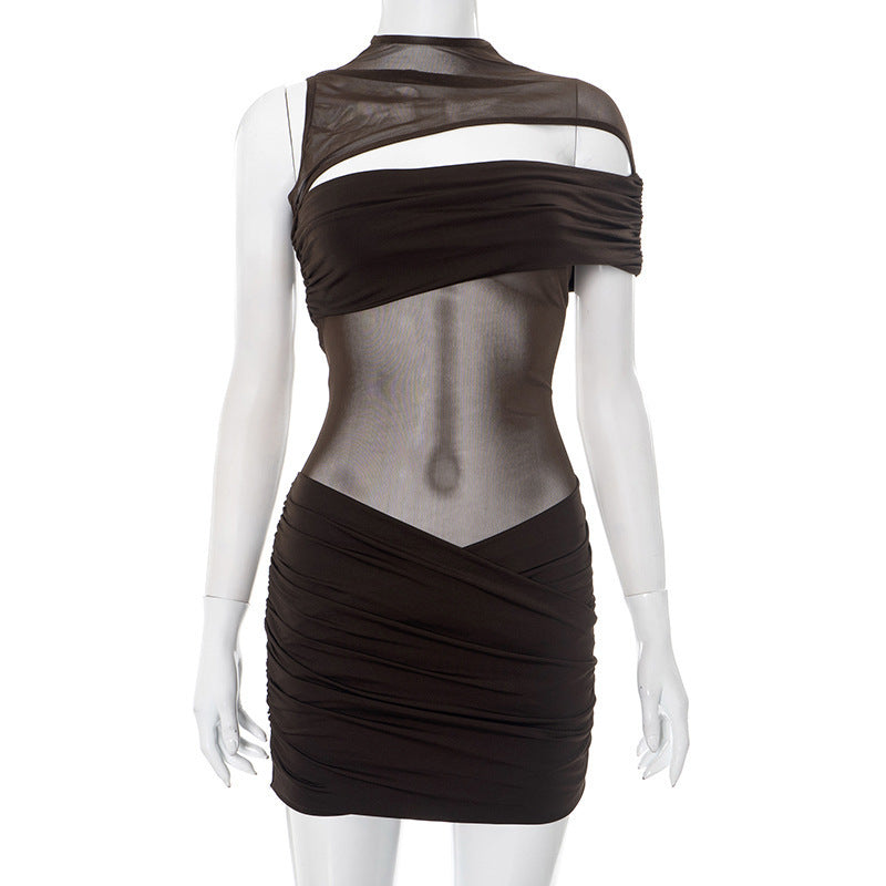 Damen figurbetontes Mesh-Kleid mit asymmetrischem Schnitt und Raffung Drune
