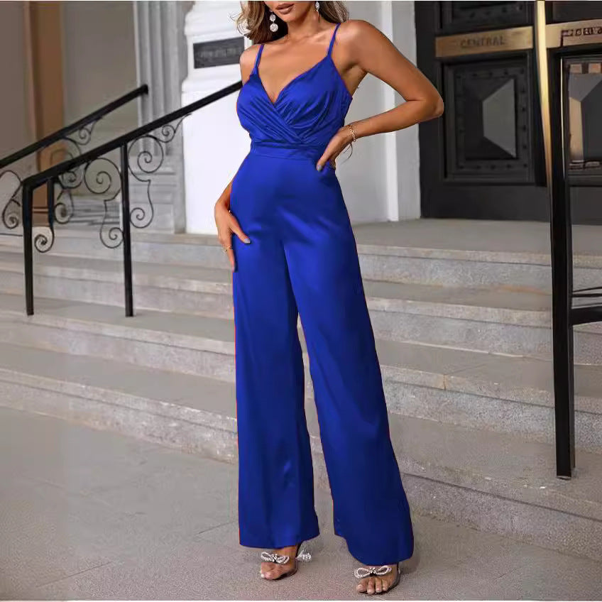 Damen Eleganter Jumpsuit mit Wickeloberteil und langen, geraden Beinen Drune