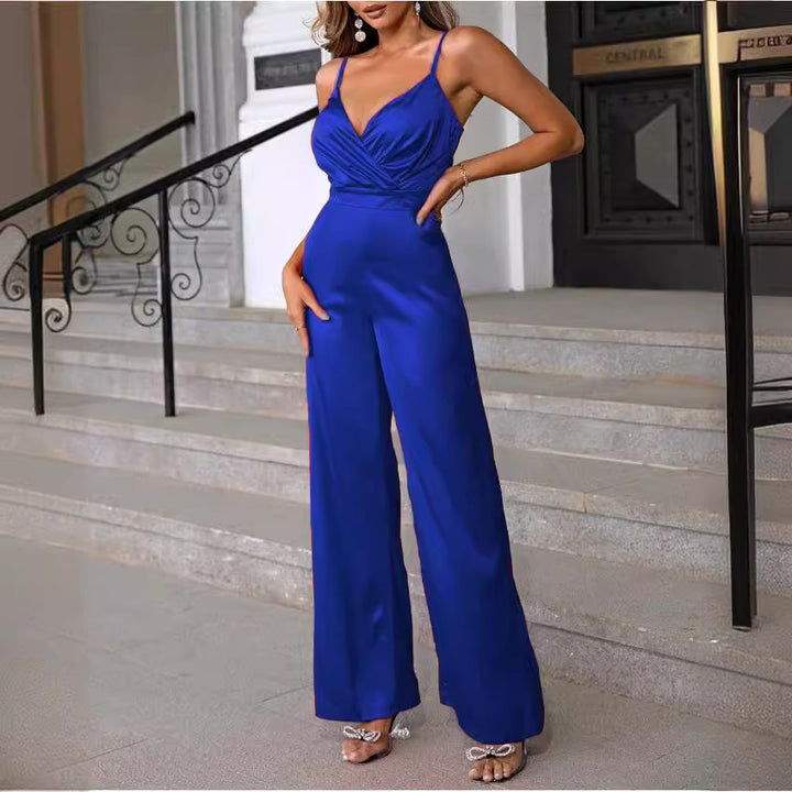 Damen Eleganter Jumpsuit mit Wickeloberteil und langen, geraden Beinen Drune