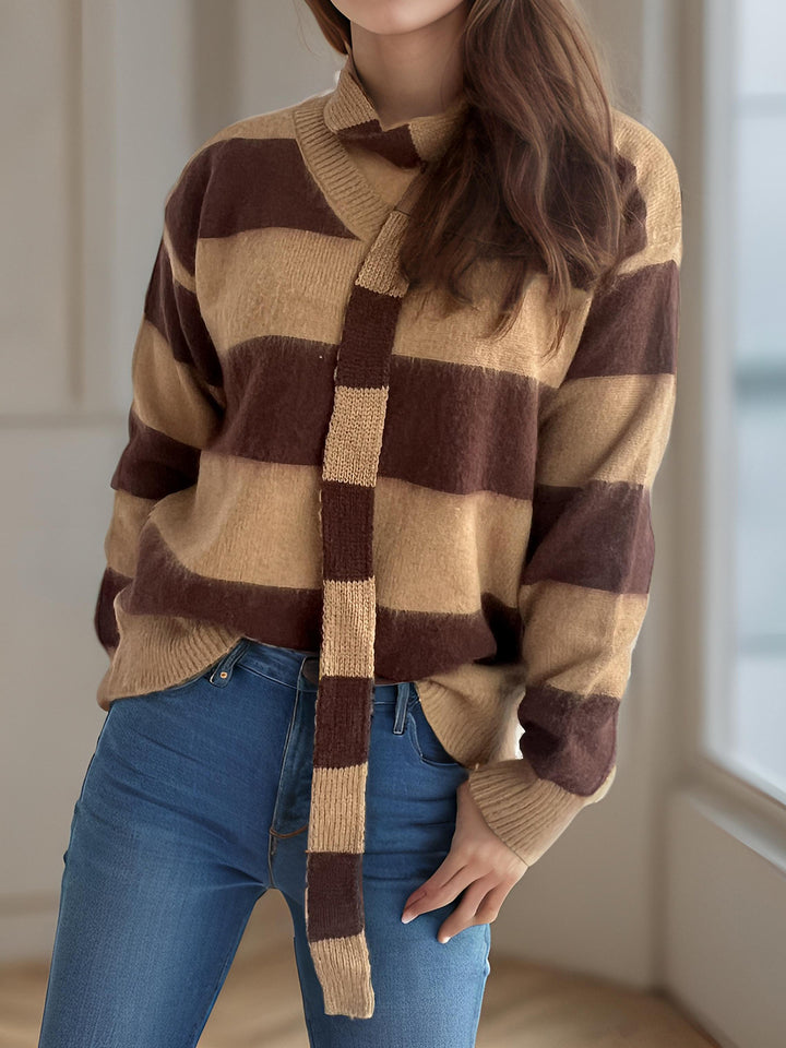 Damen lässiger Strickpullover mit modernem Streifenmuster und dekorativem Schal Drune