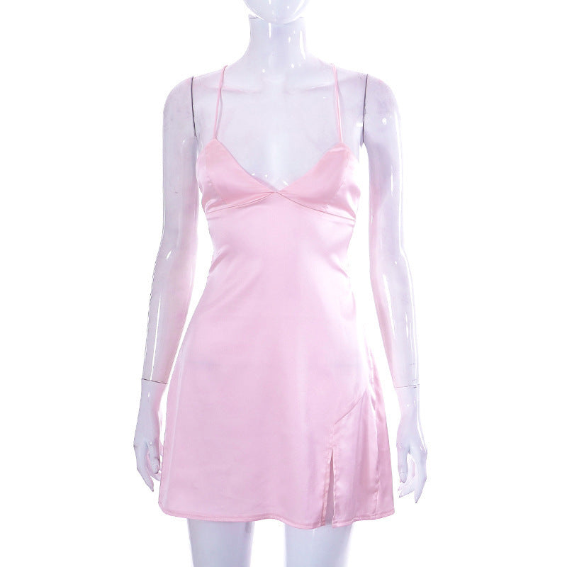 Damen Satin Mini-Kleid mit zarten Spaghetti-Trägern Drune